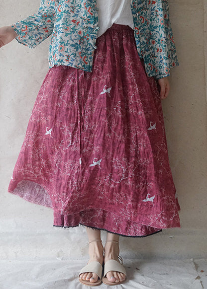 French Red Elastic Waist Drawstring Pocket Print Linen Skirts Spring