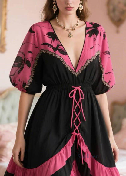 French Rose Cross Strap Patchwork Chiffon Party Dress Summer