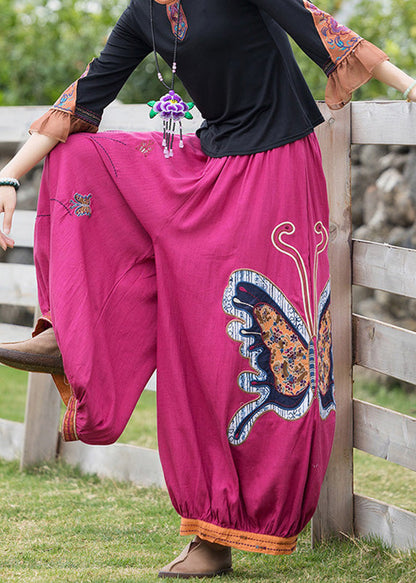 French Rose Embroideried Linen Harem Pants