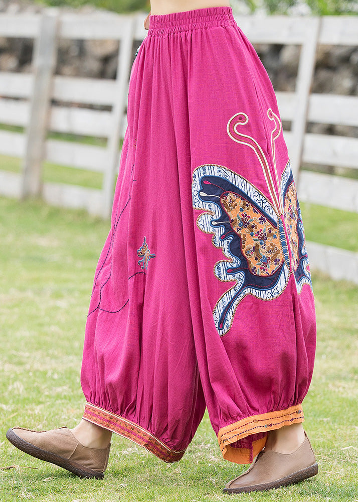 French Rose Embroideried Linen Harem Pants