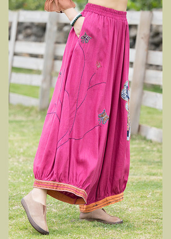 French Rose Embroideried Linen Harem Pants