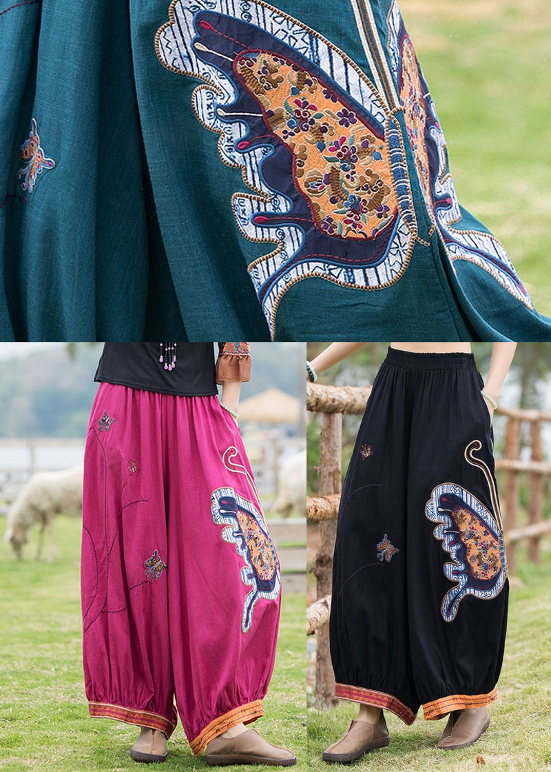 French Rose Embroideried Linen Harem Pants