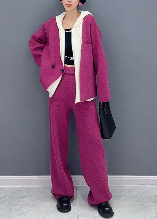 French Rose Hooded Tops and Pants Woolen Two Piece Suit Set Fall