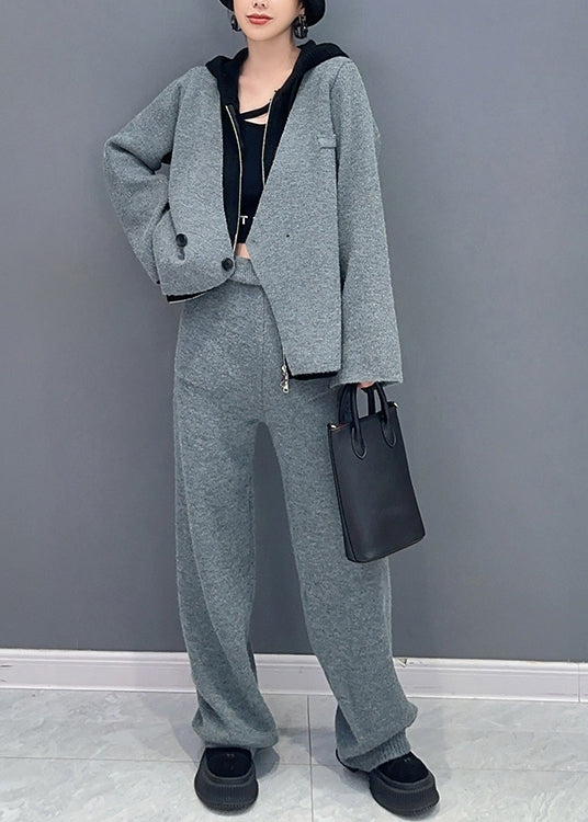 French Rose Hooded Tops and Pants Woolen Two Piece Suit Set Fall