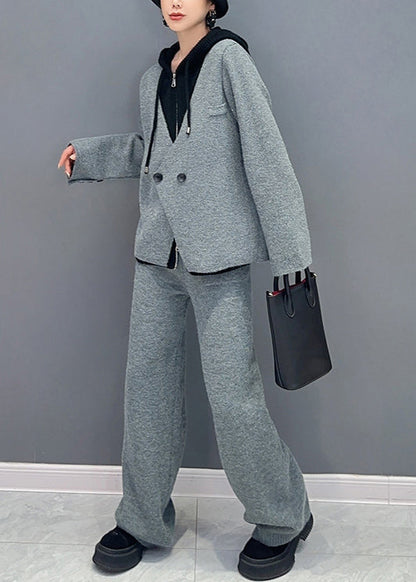 French Rose Hooded Tops and Pants Woolen Two Piece Suit Set Fall
