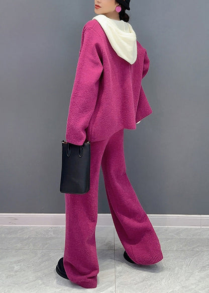 French Rose Hooded Tops and Pants Woolen Two Piece Suit Set Fall