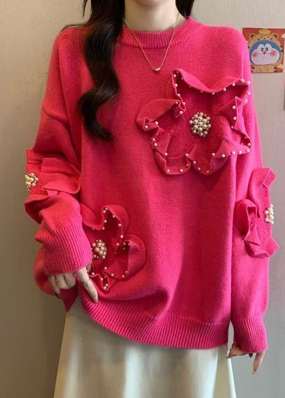 French Rose O Neck Nail Bead Knit Sweater Tops Spring