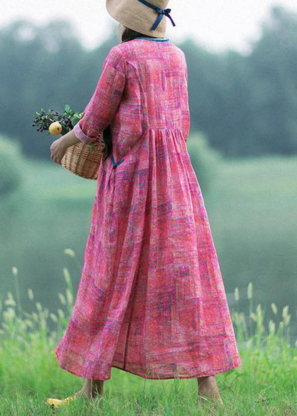 French Rose Print Clothes V Neck Patchwork Maxi Spring Dress