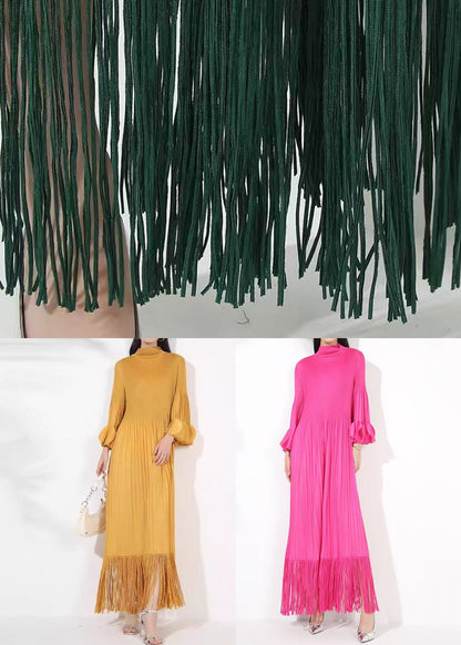 French Rose Turtleneck Wrinkled Tasseled Cotton Long Dressesfall
