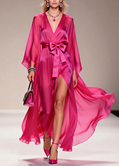 French Rose V Neck Side Open Bow Chiffon Dress Summer