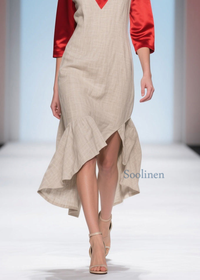 French Ruffled Asymmetrical Patchwork Linen Silk Dress Summer