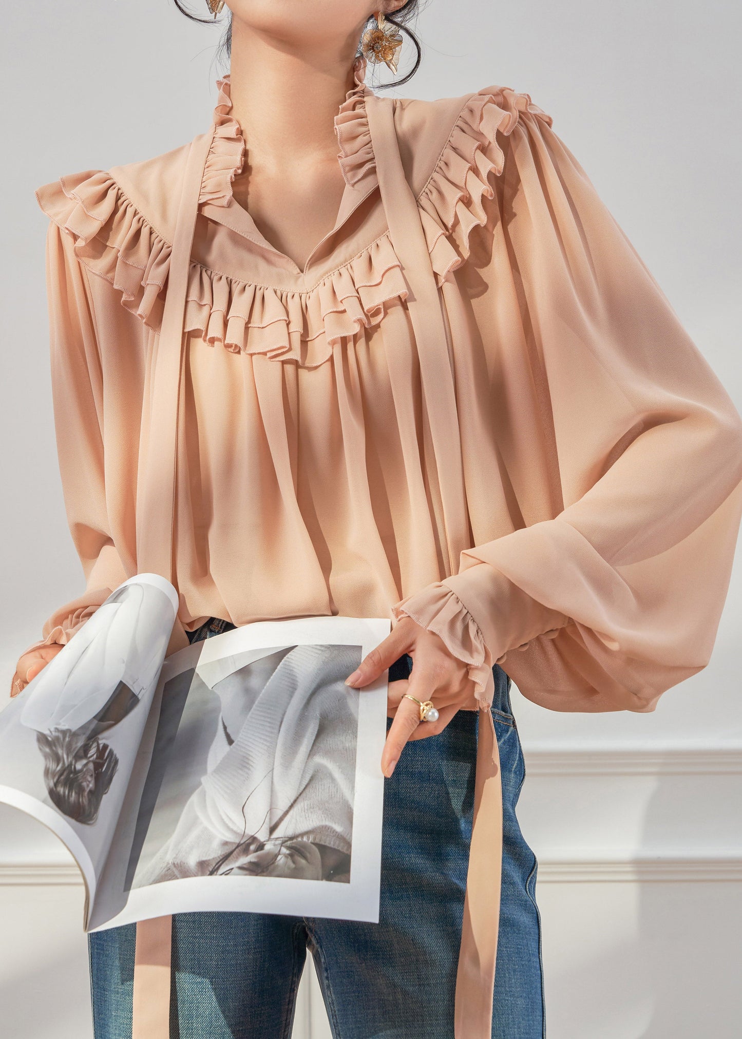 French Ruffled Ribbon Solid Chiffon Shirts Spring