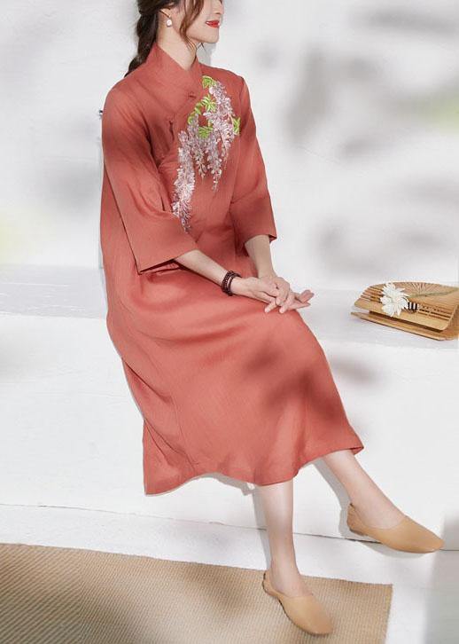 French Rust Embroideried Patchwork Button Summer Ramie Summer Dresses Half Sleeve