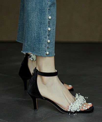 French Black Buckle Strap High Heel Sandals Nail Bead