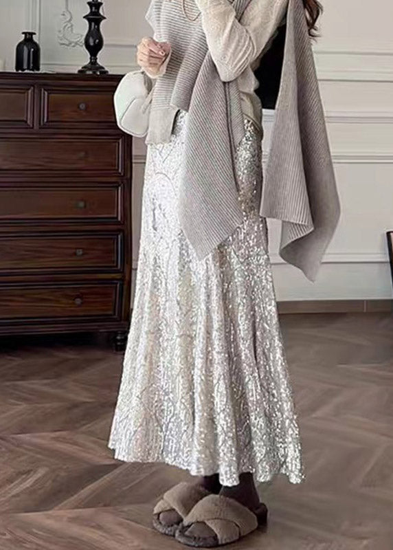 French Silver High Waist Sequins Maxi Skirts Summer
