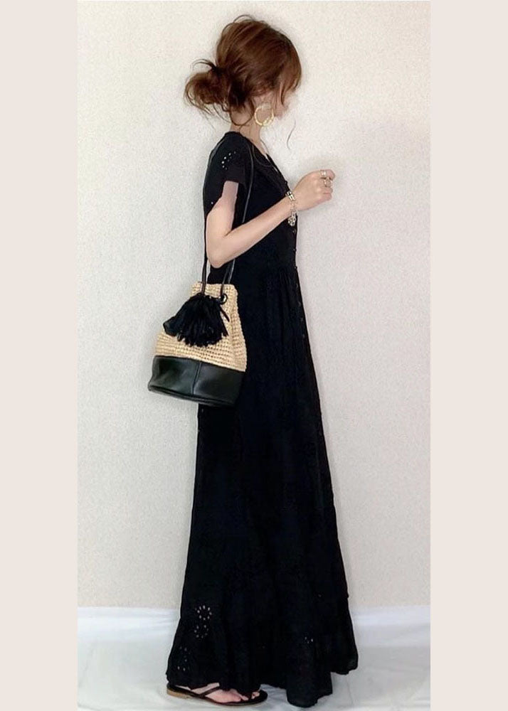 French Sky Blue V Neck Hollow Out Embroideried Cotton a Line Dress Summer