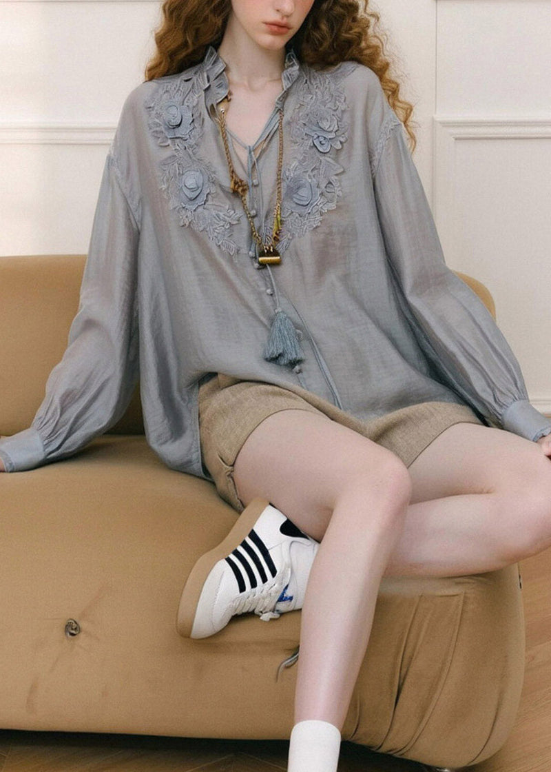 French Smog Blue V Neck Embroidered Shirts Spring