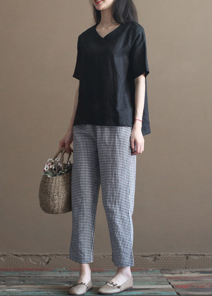 French Black V Neck Side Open Linen Tank Tops Half Sleeve
