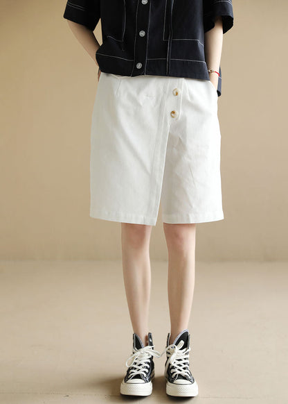 French White Elastic Waist Asymmetrical Button Cotton Wide Leg Crop Pant Summer