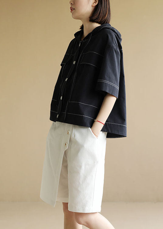 French White Elastic Waist Asymmetrical Button Cotton Wide Leg Crop Pant Summer