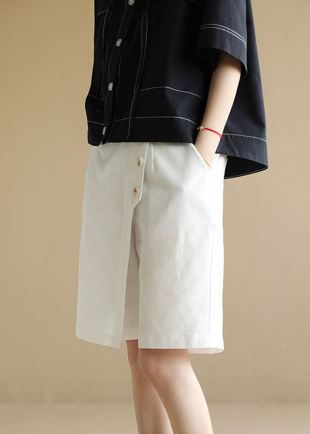 French White Elastic Waist Asymmetrical Button Cotton Wide Leg Crop Pant Summer