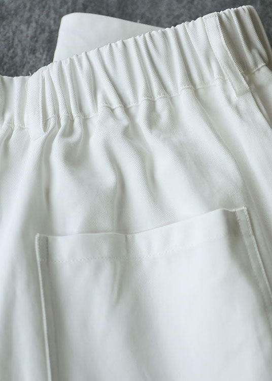French White Elastic Waist Asymmetrical Button Cotton Wide Leg Crop Pant Summer