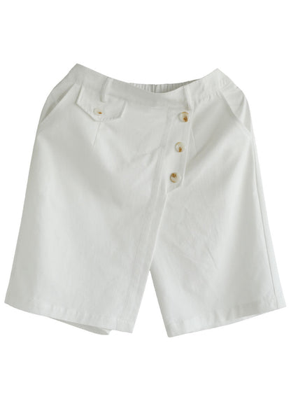 French White Elastic Waist Asymmetrical Button Cotton Wide Leg Crop Pant Summer