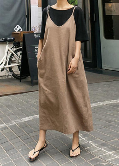 French Spaghetti Strap Linen Cotton Soft Surroundings Khaki Dresses