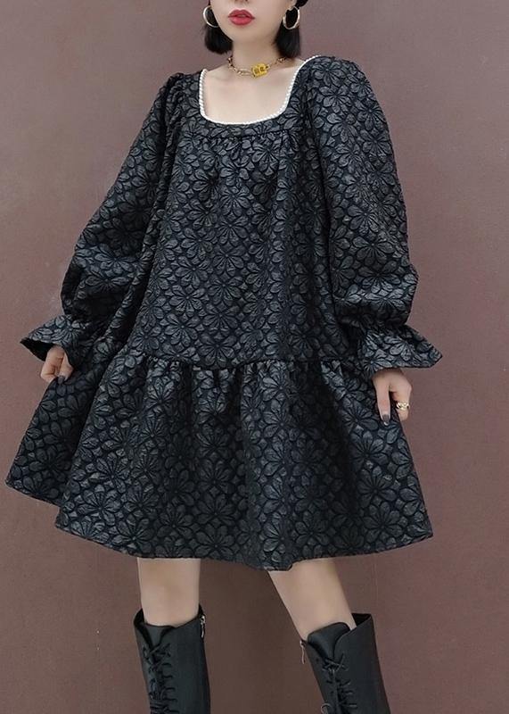 French Square Collar Patchwork Spring Tunic Sewing Black Flower Dress