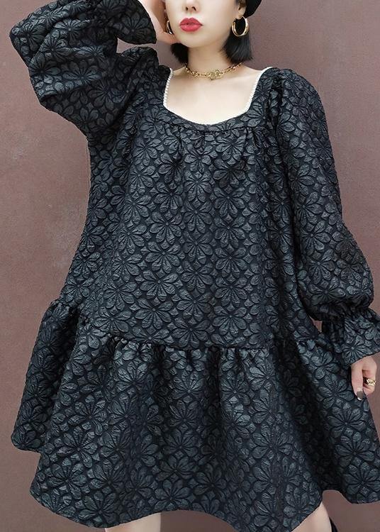French Square Collar Patchwork Spring Tunic Sewing Black Flower Dress