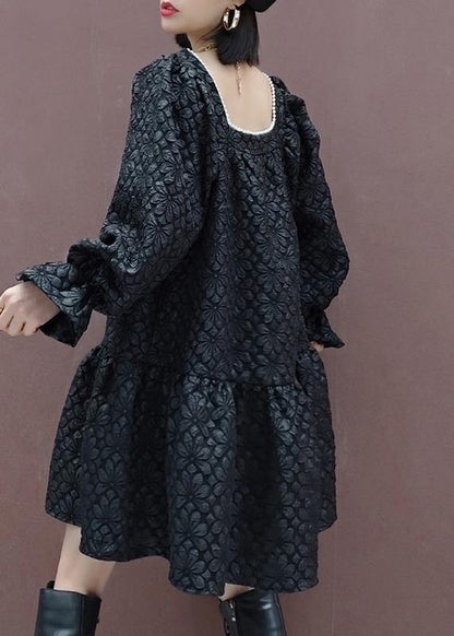 French Square Collar Patchwork Spring Tunic Sewing Black Flower Dress