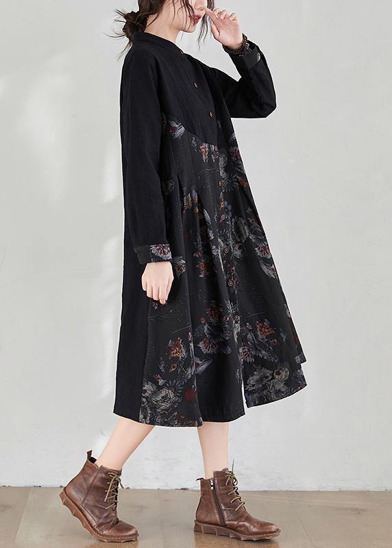 French Stand Collar Patchwork Spring Tunic Pattern Fabrics Black Print Dress
