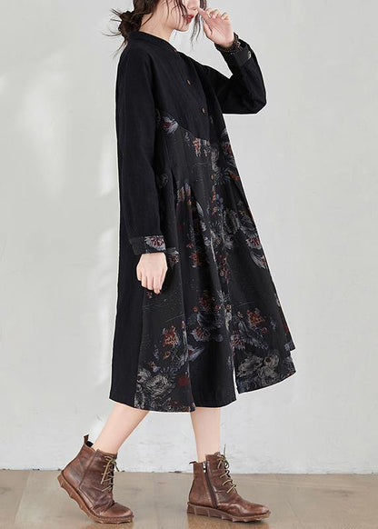 French Stand Collar Patchwork Spring Tunic Pattern Fabrics Black Print Dress