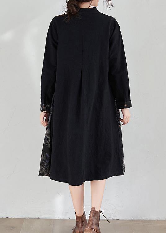French Stand Collar Patchwork Spring Tunic Pattern Fabrics Black Print Dress