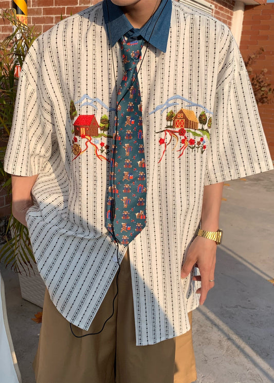 French Striped Embroideried Print Cotton Shirt Summer