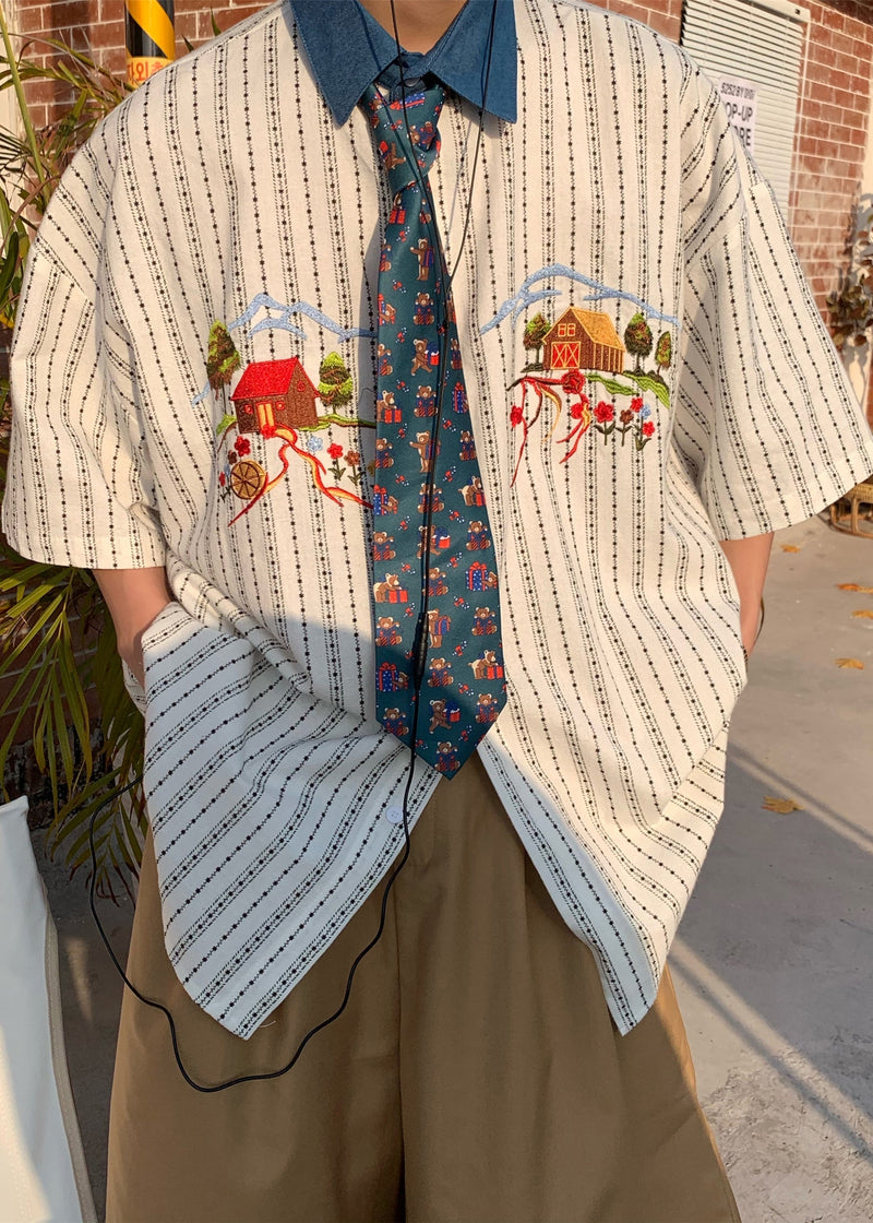 French Striped Embroideried Print Cotton Shirt Summer