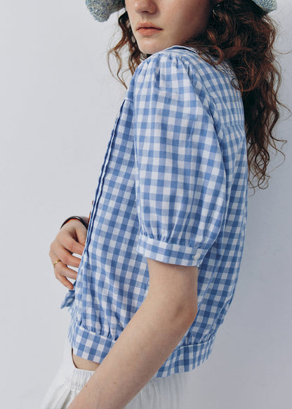 French Style Light Blue Puff Sleeve Embroidered Cotton Shirt Tops