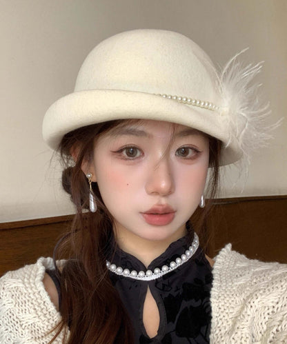 French Style White Nail Bead Feather Woolen Bucket Hat