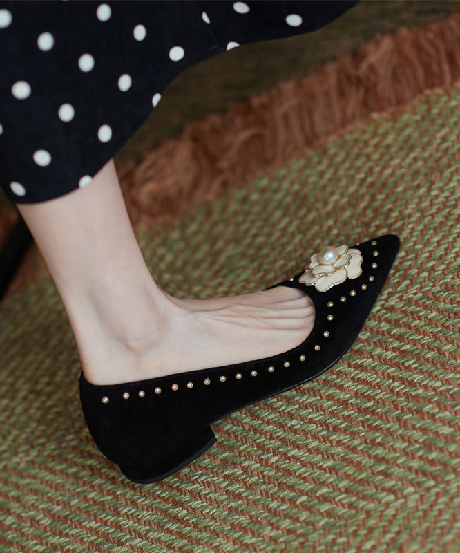 French Suede Nail Bead Splicing Flat Shoes Pointed Toe