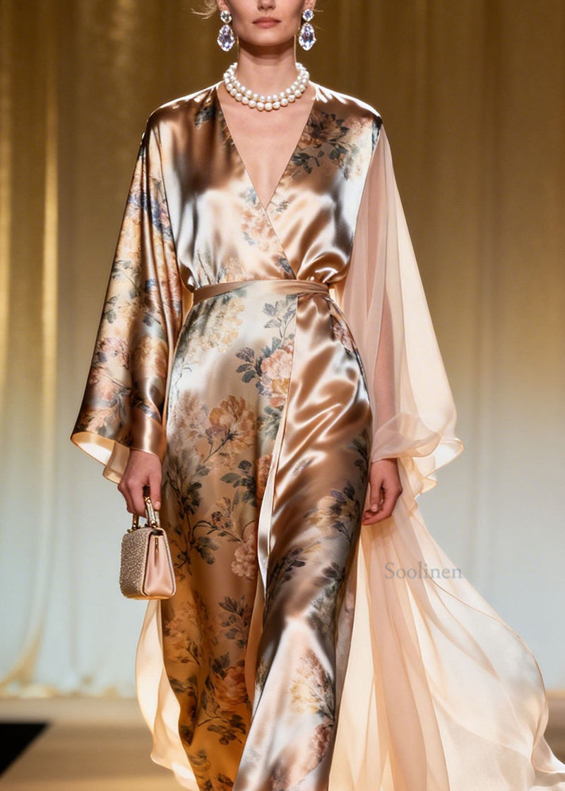 French V Neck Asymmetrical Design Patchwork Print Silk Dresses Spring