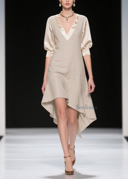 French V Neck Asymmetrical Patchwork Linen Silk Dresses Summer
