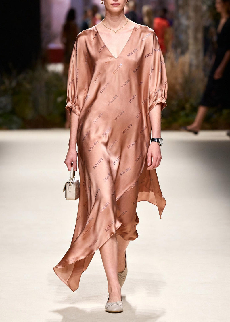 French V Neck Asymmetrical Silk Long Dress Summer