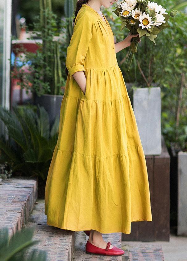 French V Neck Patchwork Spring Dresses Fabrics Yellow Dresses