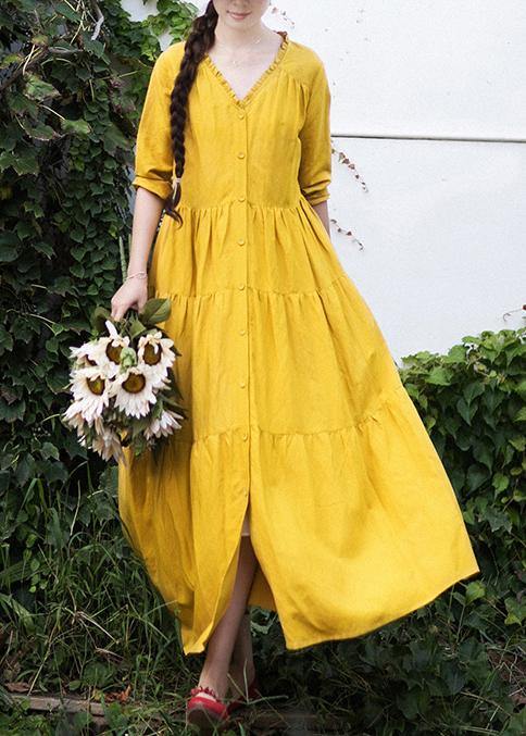 French V Neck Patchwork Spring Dresses Fabrics Yellow Dresses