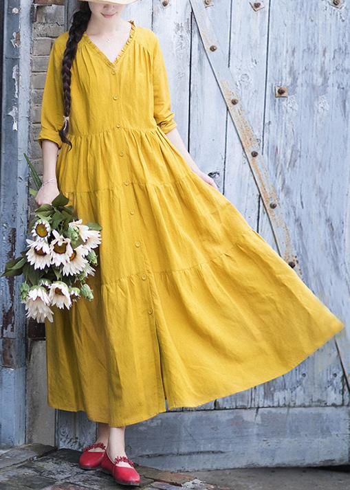 French V Neck Patchwork Spring Dresses Fabrics Yellow Dresses