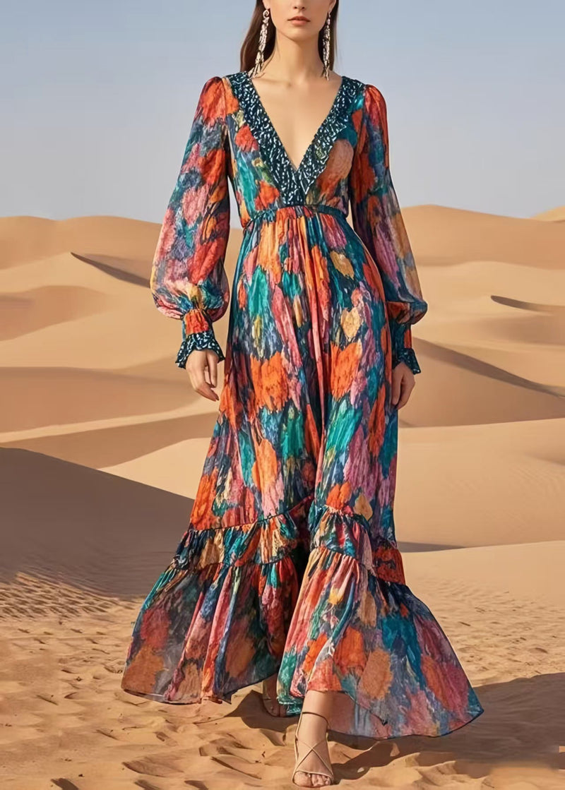 French V Neck Print Chiffon Ankle Dress Summer
