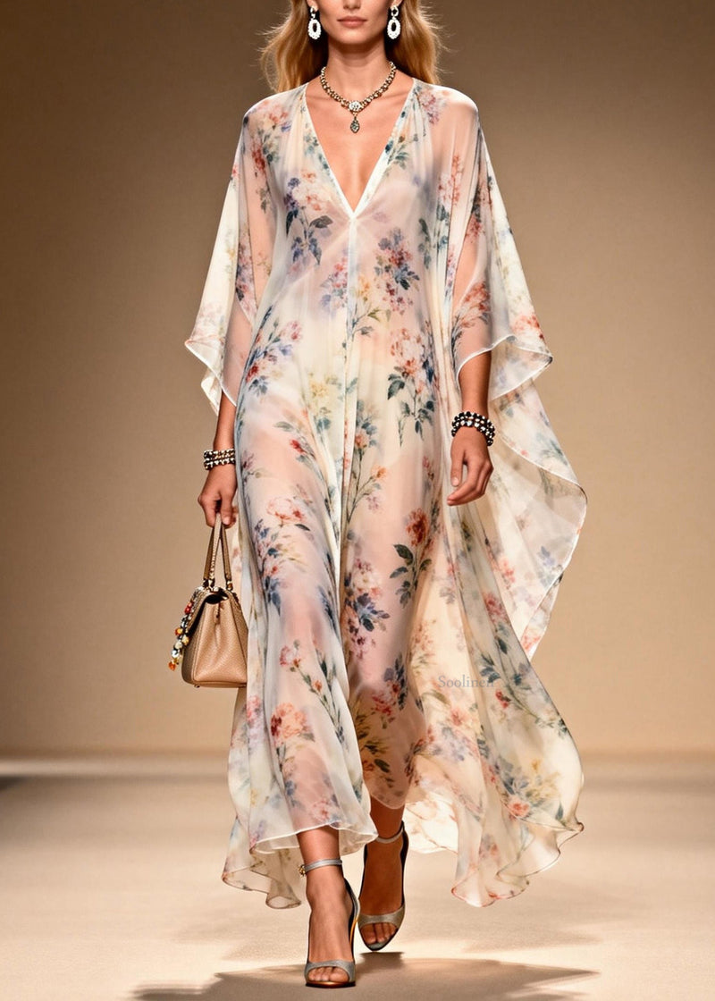 French V Neck Print Chiffon Long Dresses Summer