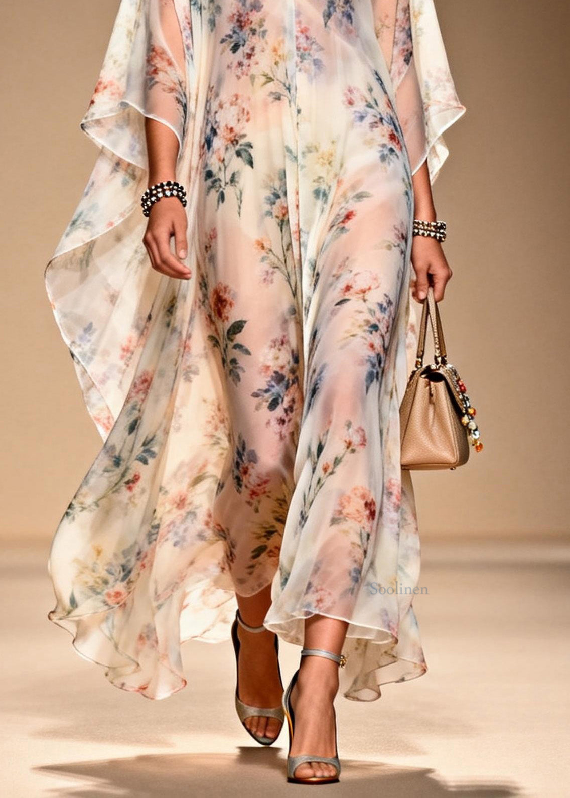 French V Neck Print Chiffon Long Dresses Summer