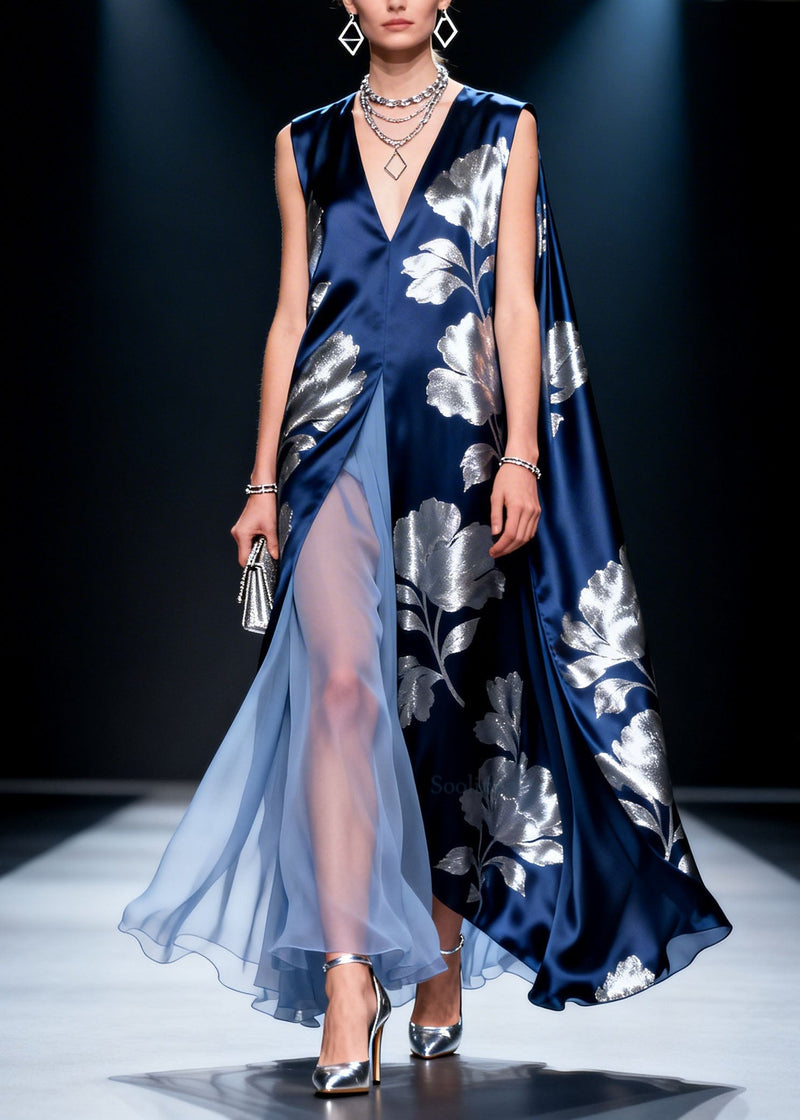 French V Neck Print Patchwork Silk Dress Sleeveless