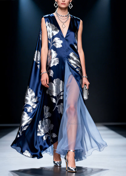 French V Neck Print Patchwork Silk Dress Sleeveless